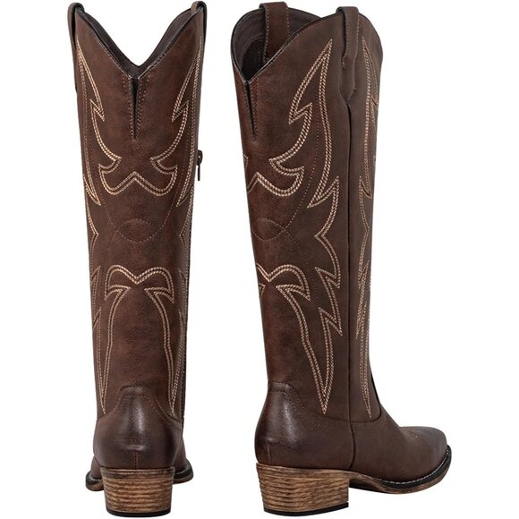 Women's Western Brown Knee High Embroidered Square Toe Cowboy Boots Side Zipper - Picture 6 of 7